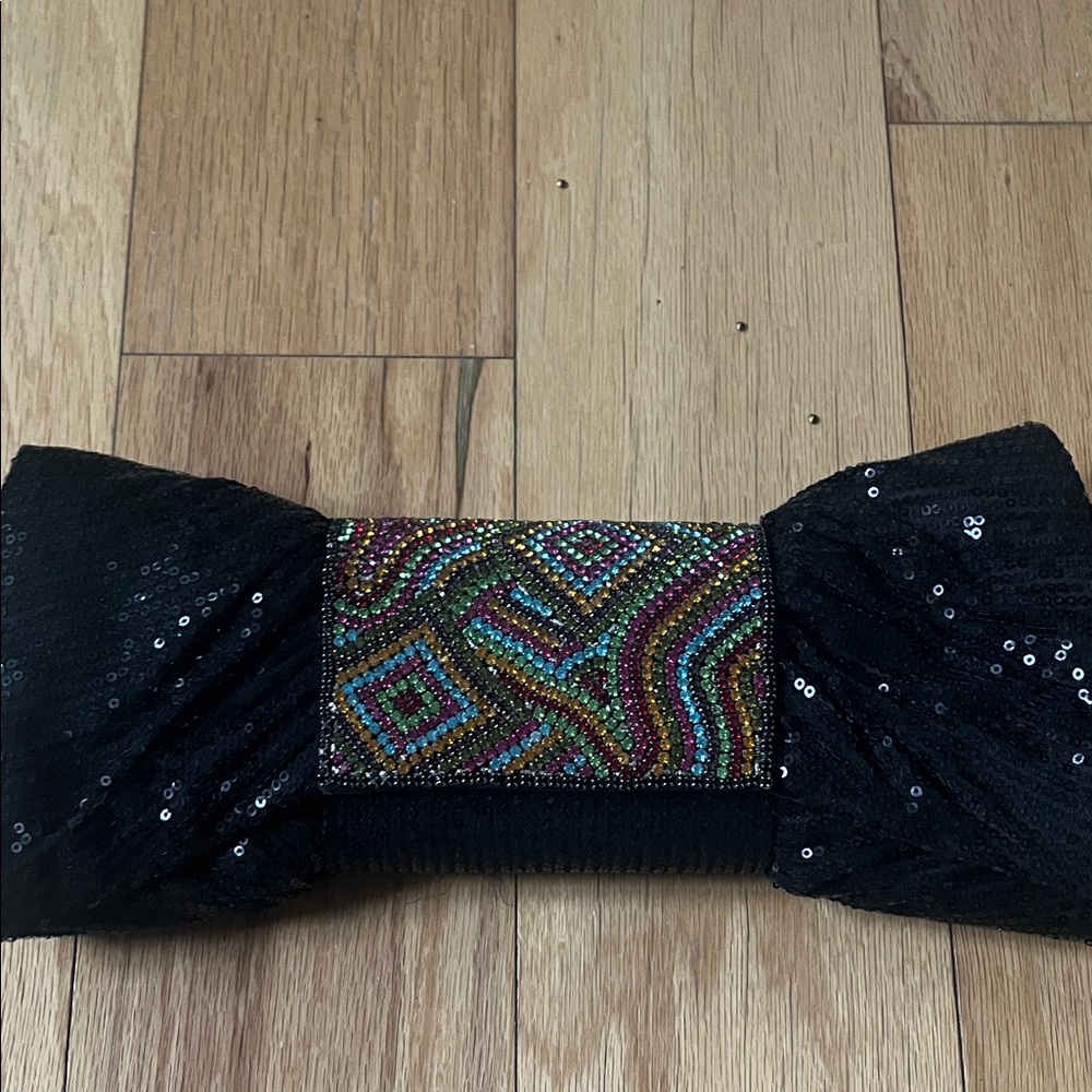 Sequin Bow Clutch with Multicolor Beaded Accent